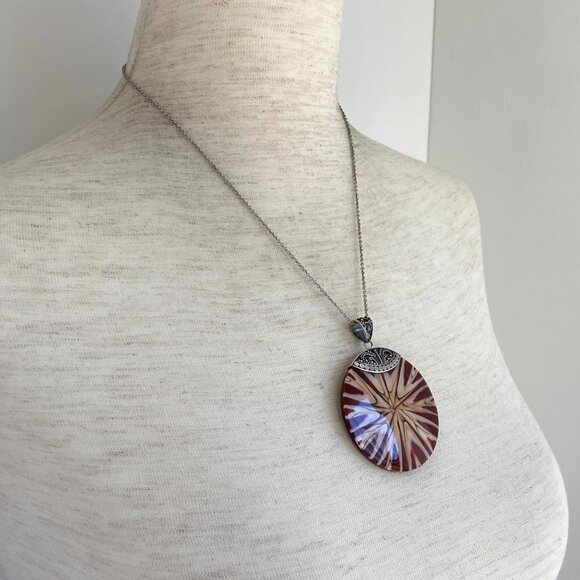 Sterling Silver 925 Signed Meran Indonesia 2.5" Resin Pendant Necklace 18" Chain - Picture 5 of 16